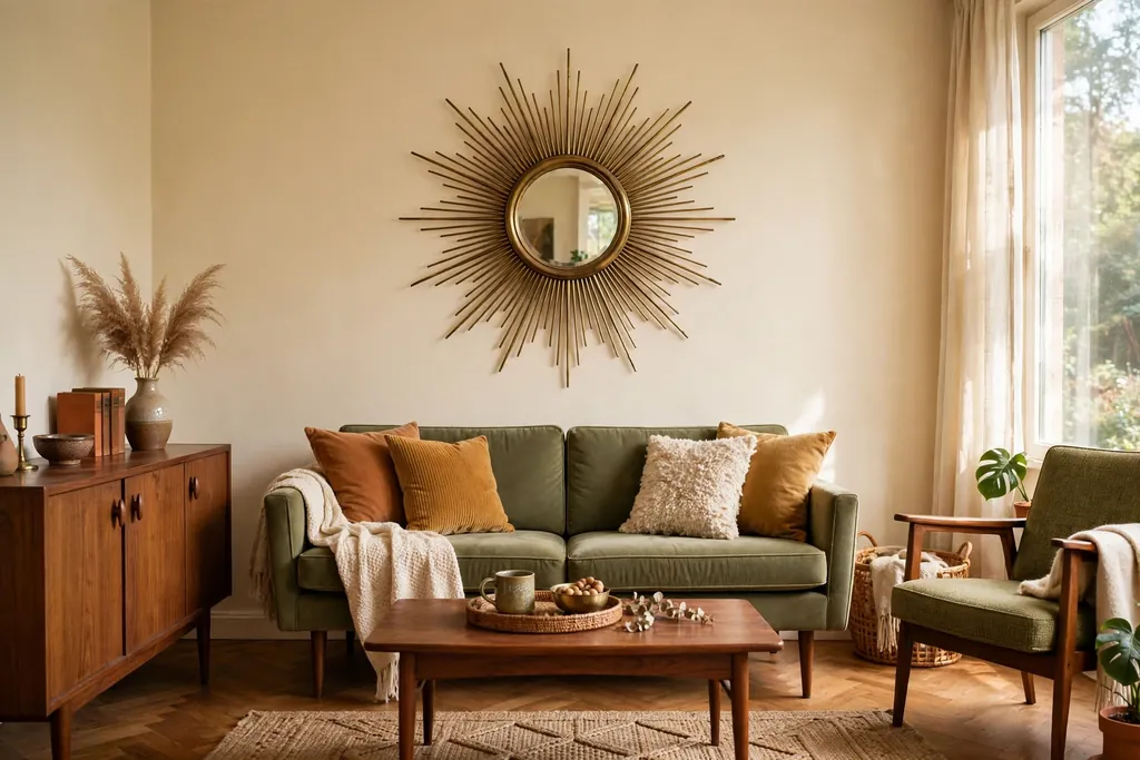 Brass sunburst mirror above a sofa in a retro living room with warm cream walls.