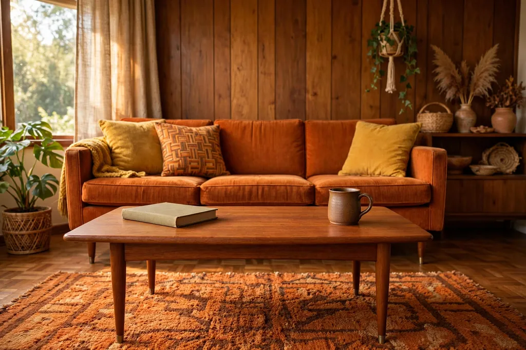 Teak coffee table with tapered legs, a book, and a ceramic mug on top.