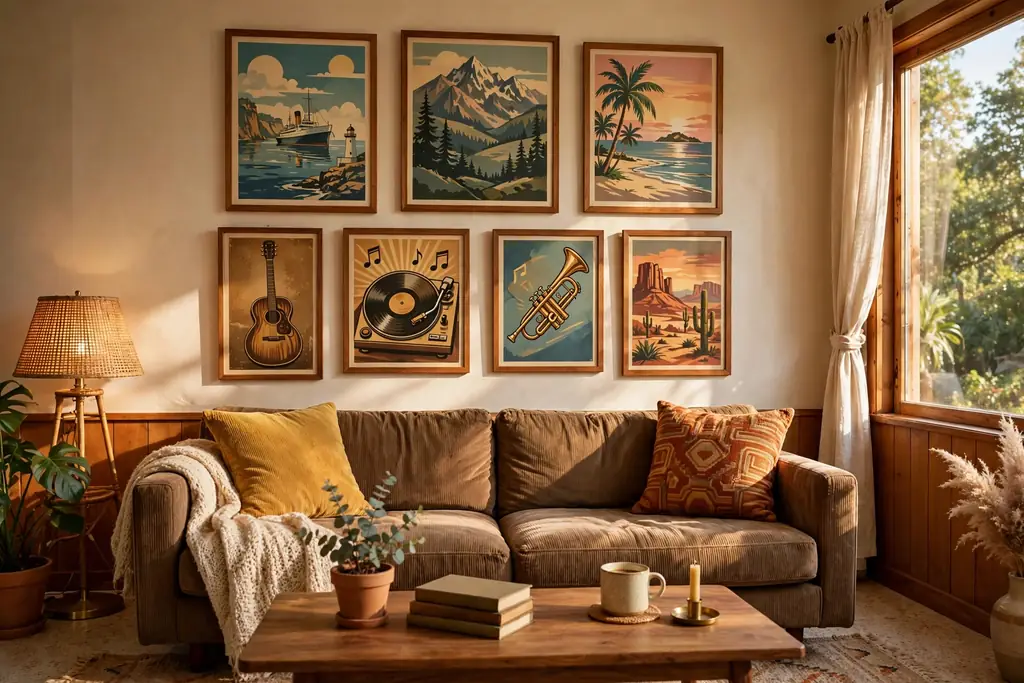 Gallery wall of framed vintage style travel and music posters above a sofa.
