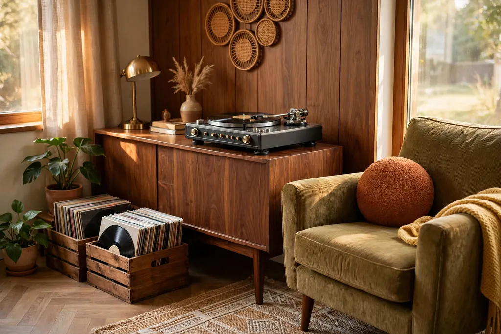 Vinyl listening corner with a turntable on a walnut console and records in crates.