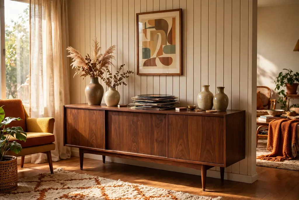 Long walnut sideboard with tapered legs, ceramic vases, and a framed print above it.