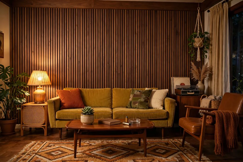 Warm walnut wood slat feature wall behind a sofa in soft lamp light.