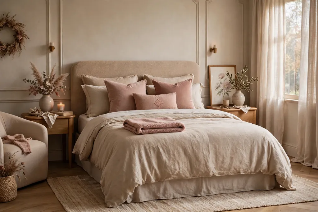 Bed with layered bedding in warm neutral and dusty rose tones with a folded throw.