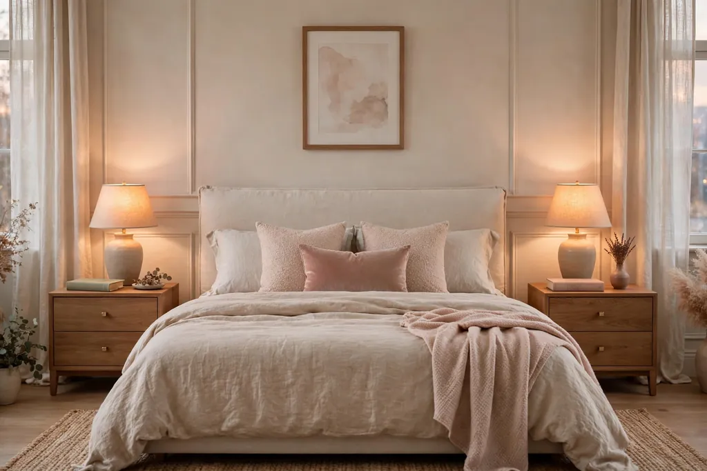 Bed with matching nightstands on both sides, each with a lamp and a book.