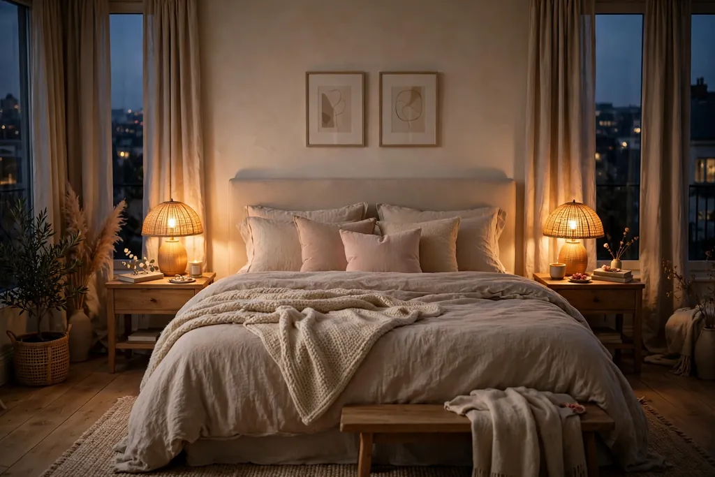 Bedroom in the evening lit by warm dimmable bedside lamps beside a bed.