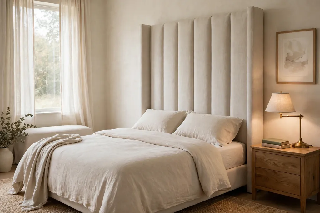 Bed with a tall upholstered linen headboard and plain bedding, made for reading.