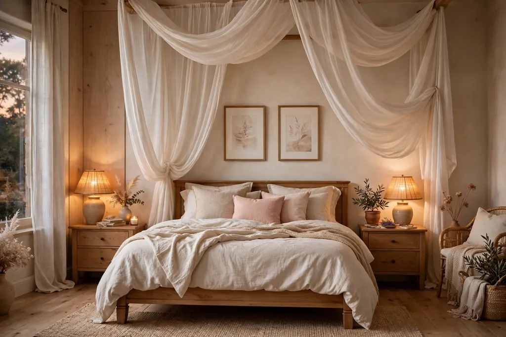 Bed with soft sheer canopy panels draped above it in a calm bedroom.