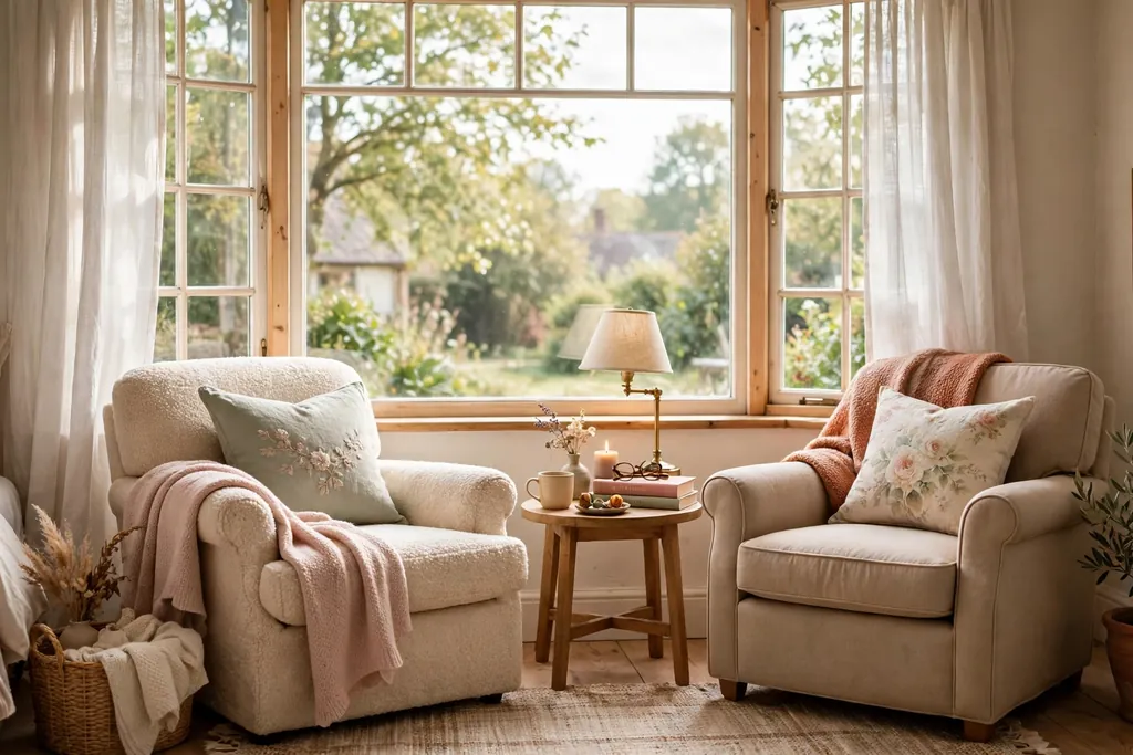 Bedroom window nook with two chairs, a shared side table, and a reading lamp.