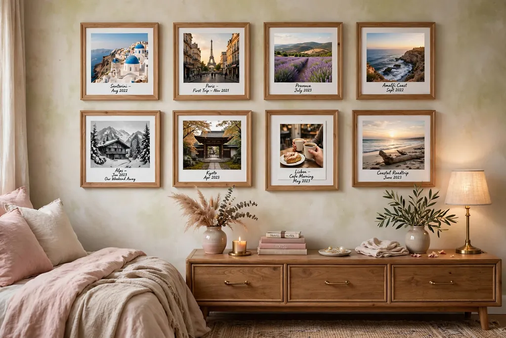 Bedroom wall with a gallery of matching framed travel and memory photos above a dresser.