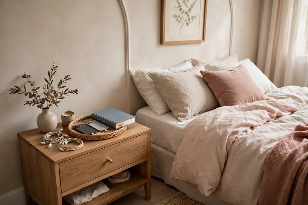 Nightstand with a small tray holding phones, a book, and charging cables kept tidy.