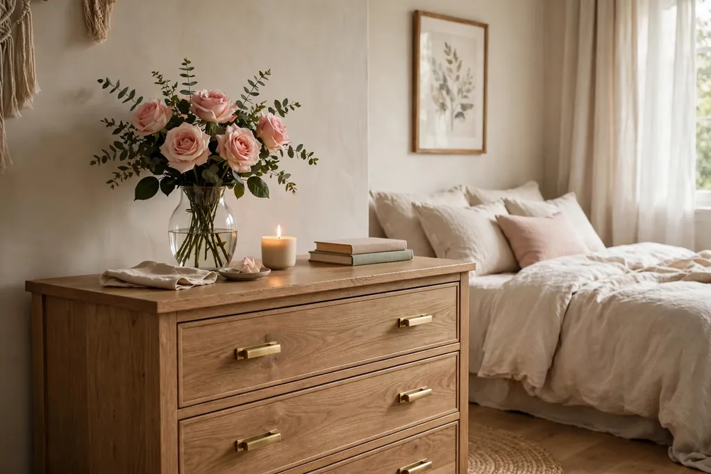 Bedroom dresser with one vase of fresh roses and a small candle beside it.