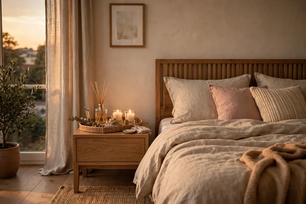 Bedroom with a reed diffuser and a pair of candles on a tray beside a bed.
