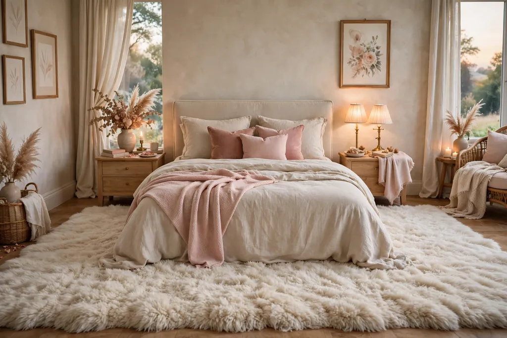 Bed with a large soft rug extending out on both sides of the bed.