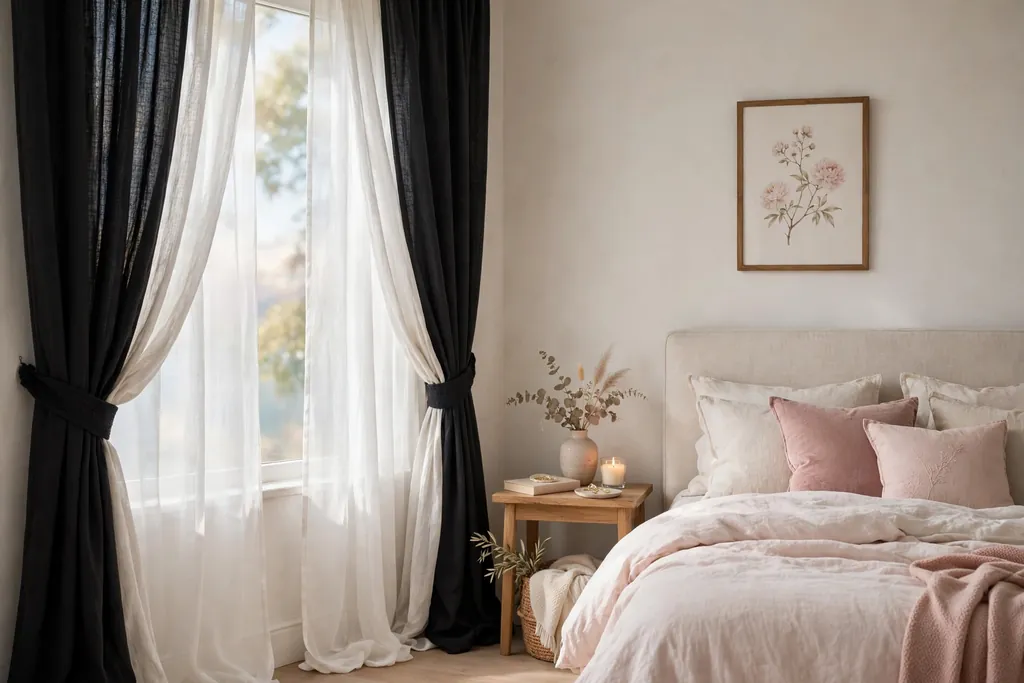 Bedroom window with sheer and blackout curtain layers beside a bed.