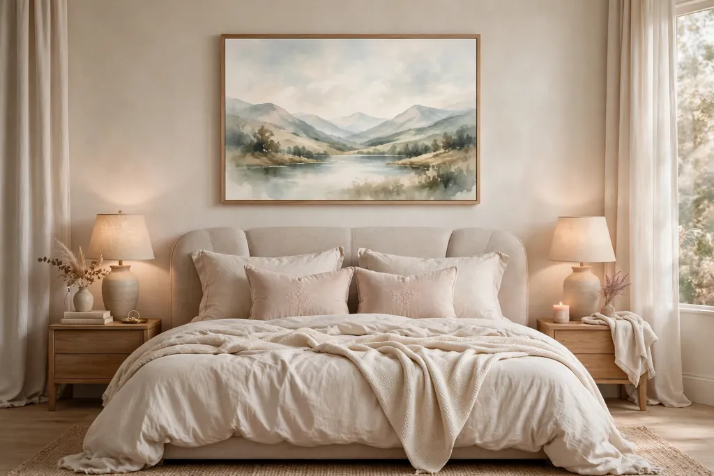 Bed with one large soft landscape art print hanging centered above the headboard.