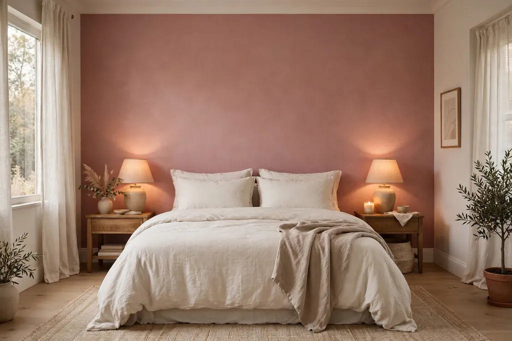 Bedroom with a warm muted dusty rose accent wall behind a bed with plain bedding.
