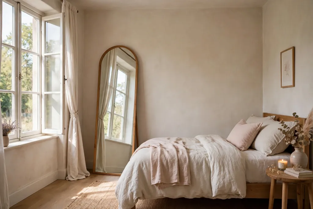Small bedroom with a tall leaning mirror opposite a window catching daylight.