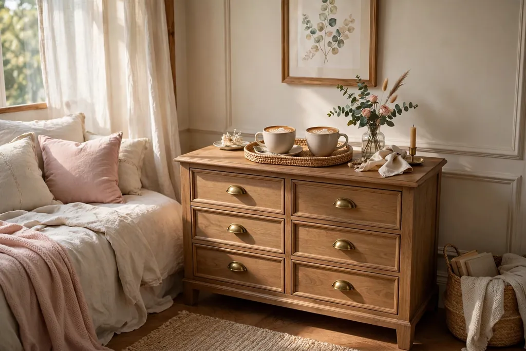 Bedroom dresser with a tray holding two coffee cups and a small vase.
