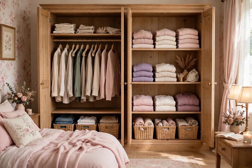 Shared wardrobe divided into two clear zones with matching hangers and baskets.