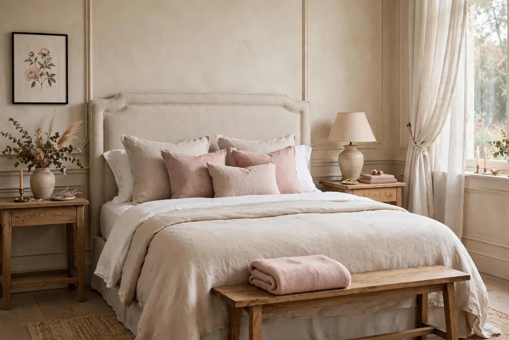 Bed with a narrow wood bench at the foot holding a folded throw.