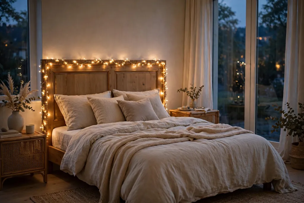 Bed headboard with warm white fairy lights woven along the frame in the evening.