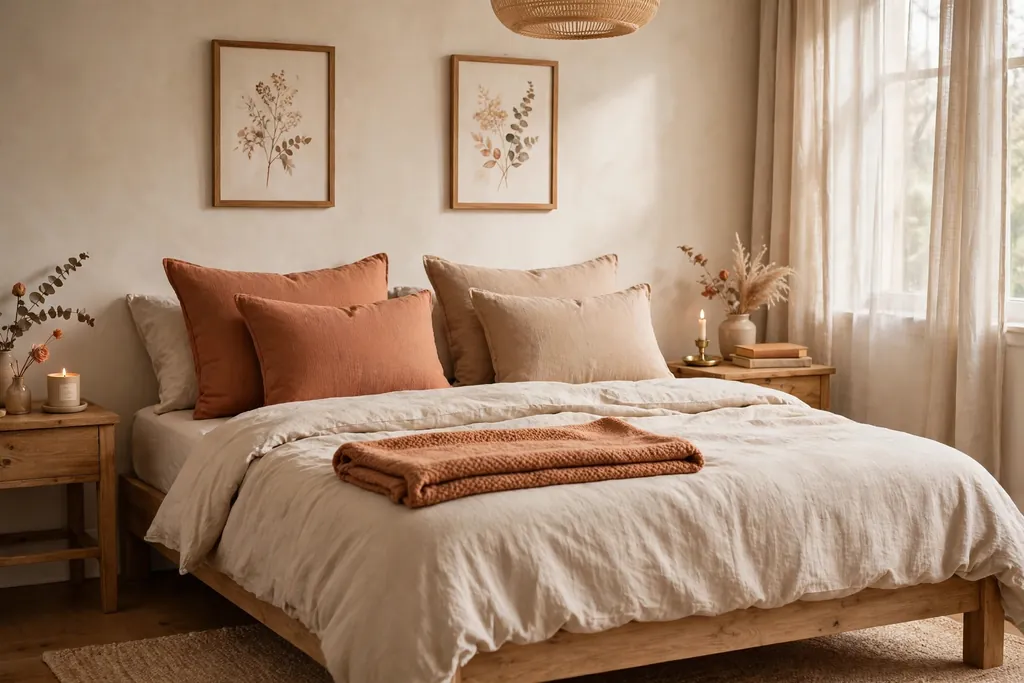 Bed styled with two pairs of cushions in shared tones and one folded throw.
