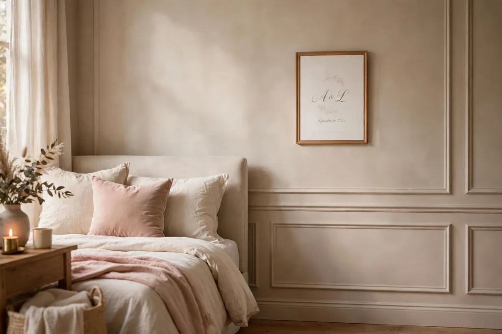 Bedroom wall beside a bed with a small framed print showing initials and a date.