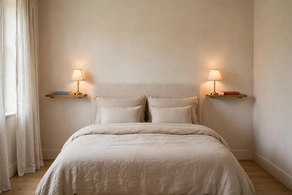 Small bedroom with wall shelves on each side of the bed holding a lamp and a book.