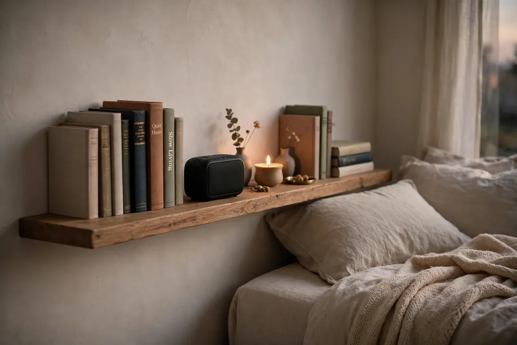 Bedroom shelf with books, a small speaker, and a candle for evening wind down.