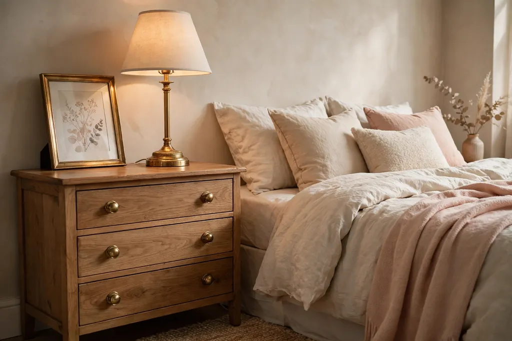 Bedroom detail with warm wood and brass accents on a lamp base and drawer pulls.