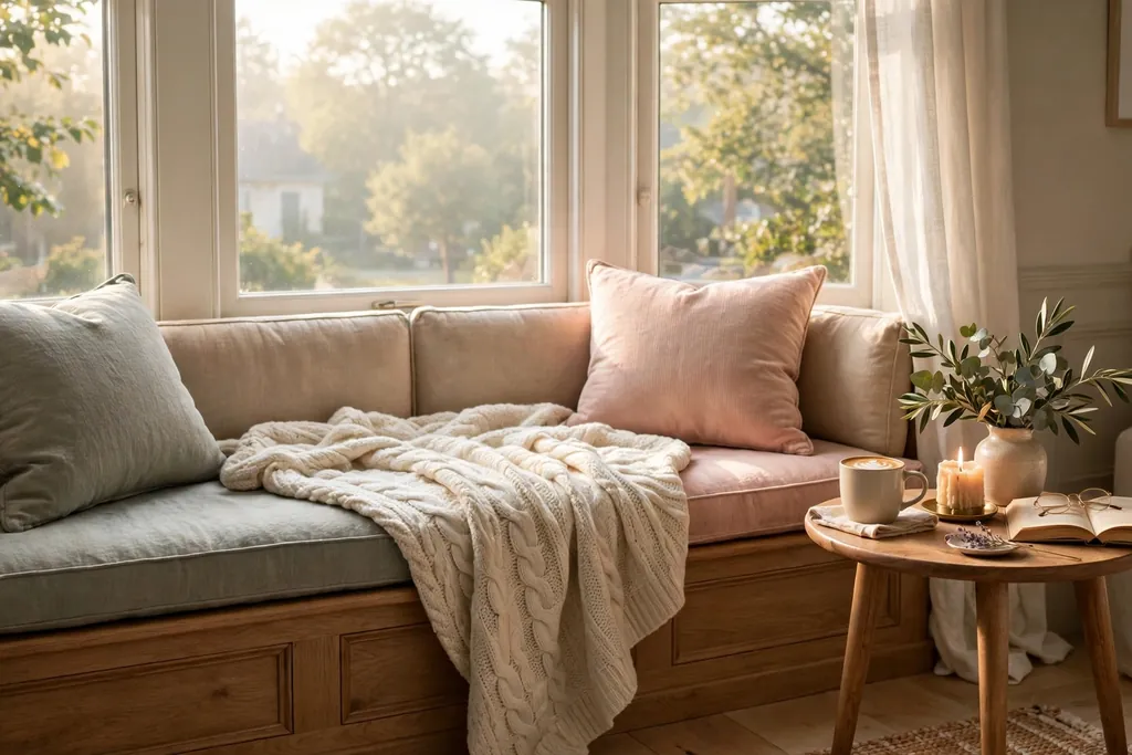 Bedroom window seat with two cushions, a shared throw, and a small side table.