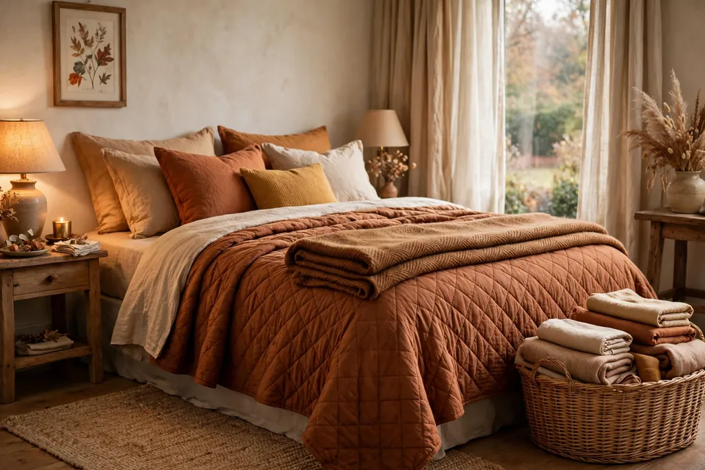 Bed with cool season bedding in warm tones and a folded wool throw in a basket nearby.