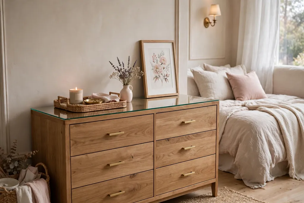 Bedroom dresser styled with a tray, a small vase, and a framed print on a clear top.