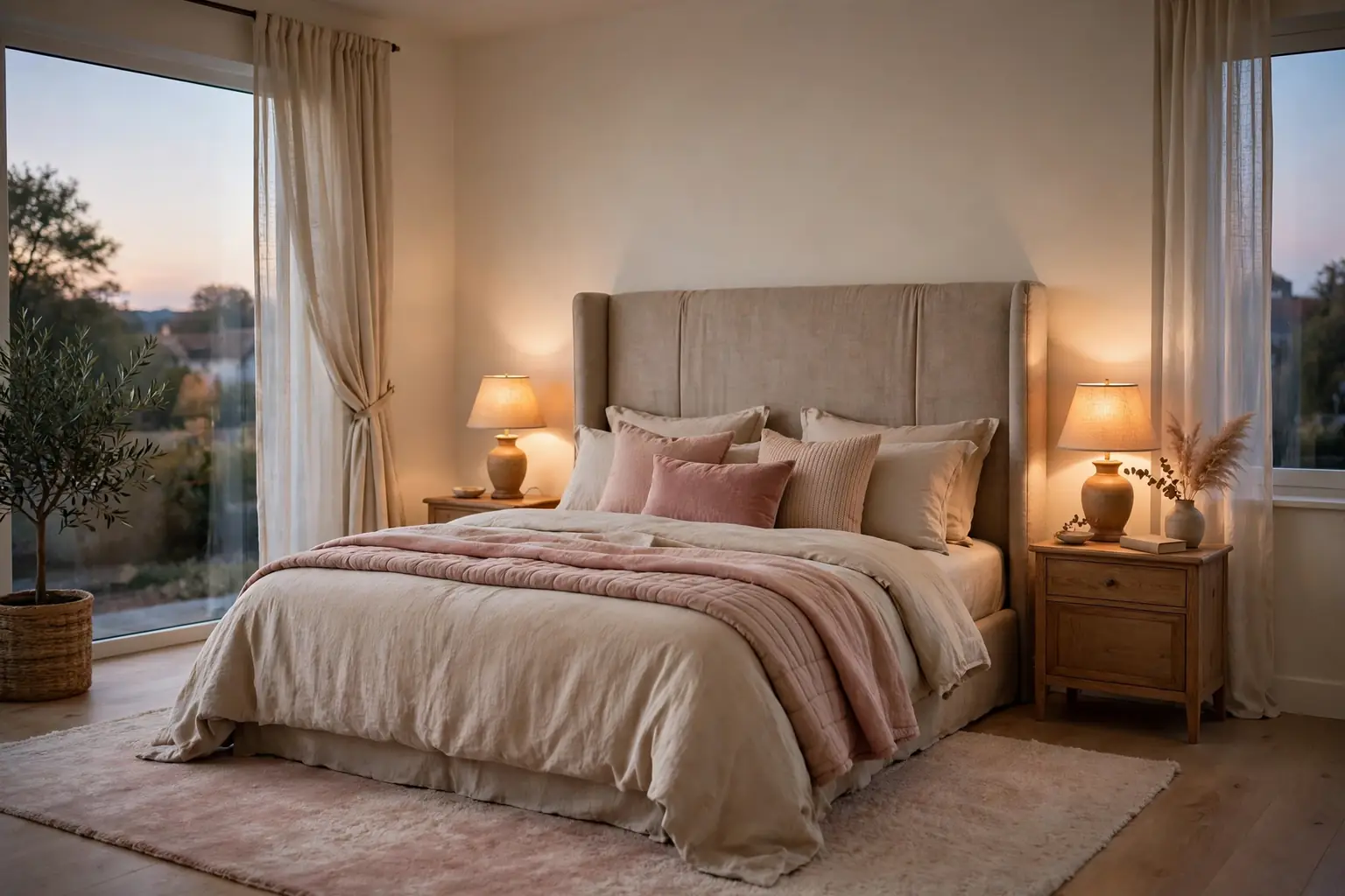 Wide romantic bedroom for a couple with layered bedding, warm lamplight, and soft muted tones in evening light.