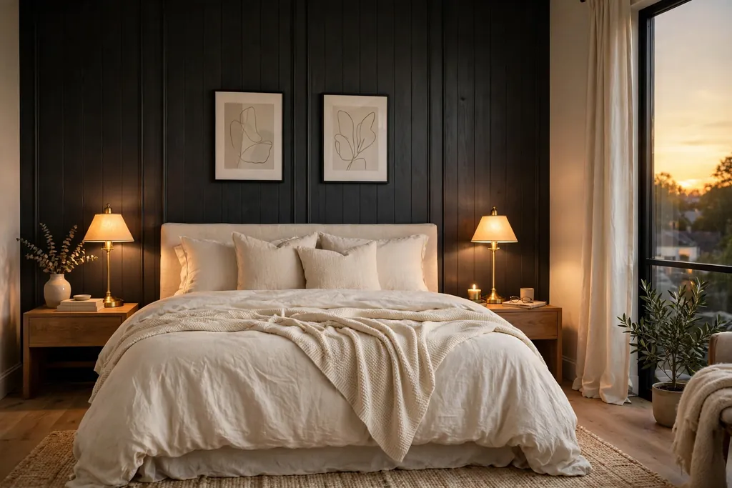 Bedroom with a charcoal accent wall behind a bed with cream bedding and brass lamps.