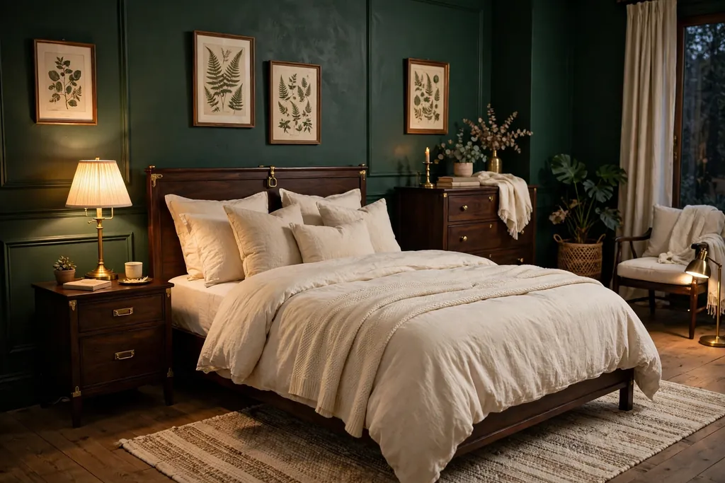 Bedroom with deep forest green walls, wood furniture, cream bedding, and brass details.