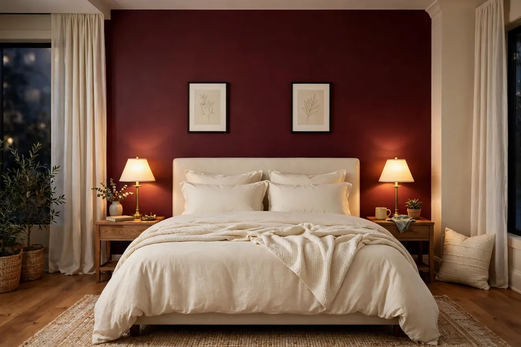 Bedroom with a deep burgundy accent wall behind a bed with cream bedding.