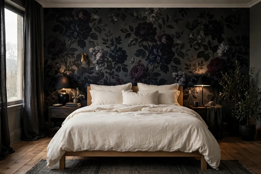Bedroom with moody floral wallpaper on the bed wall behind a bed with plain cream bedding.