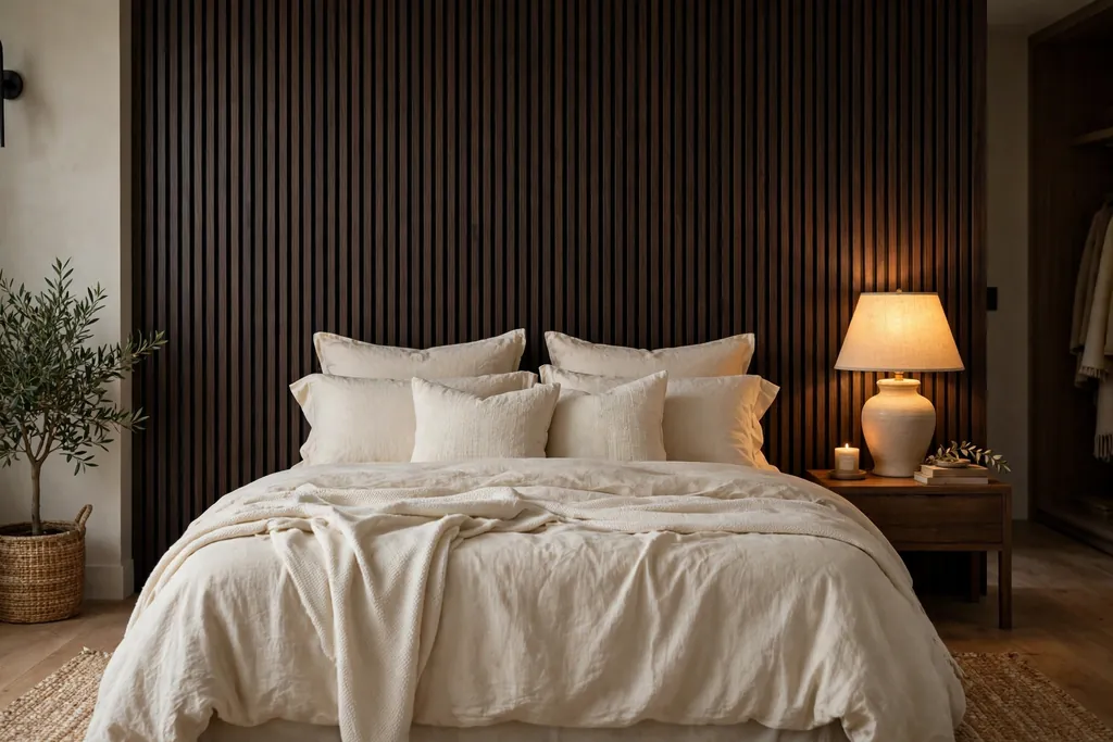 Bedroom with a dark wood slat wall behind a bed with cream bedding and warm lamplight.
