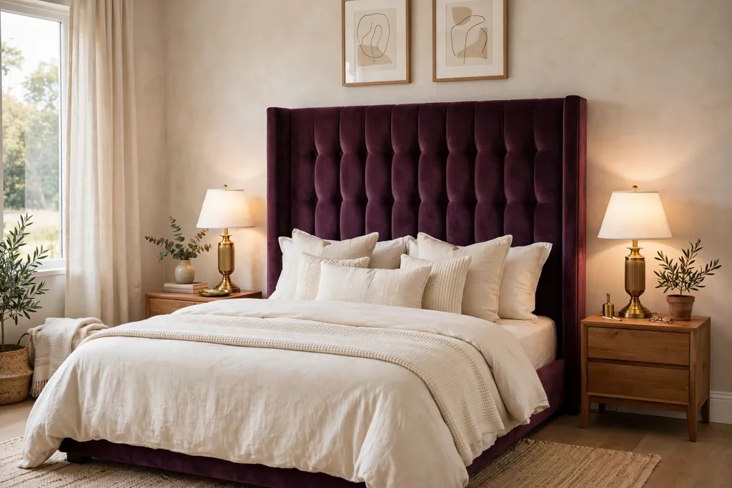 Bedroom with a tall deep plum velvet headboard and cream bedding.