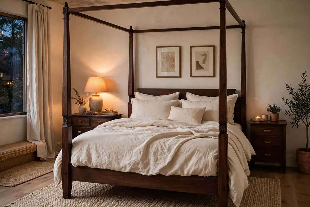 Bedroom with a dark wood four-poster bed dressed in cream linen bedding.