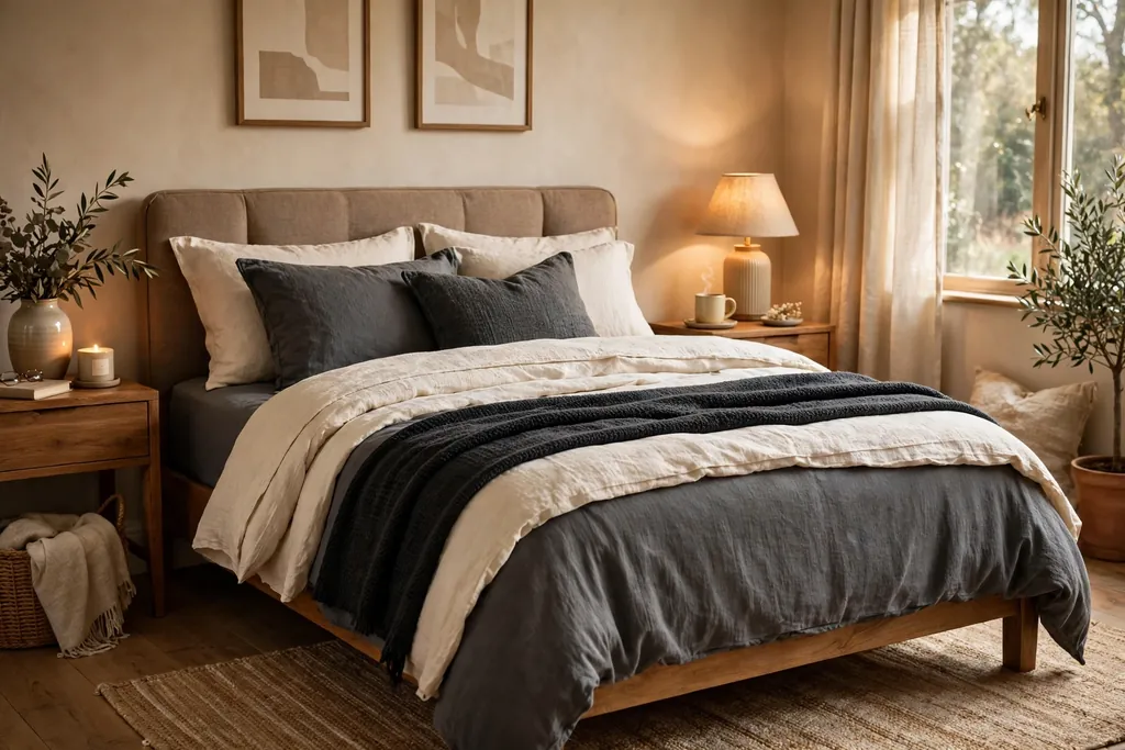 Bed layered in cream and charcoal bedding with a dark throw folded across the foot.