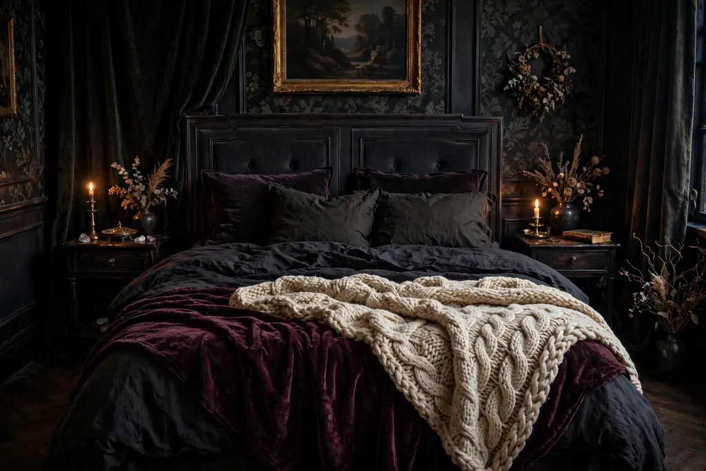 Bed with a chunky knit throw layered over a velvet throw at the foot of the bed.