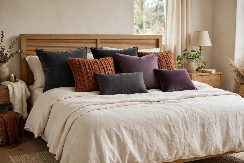 Bed with mixed cushions in velvet, knit, and linen in charcoal, rust, and plum.