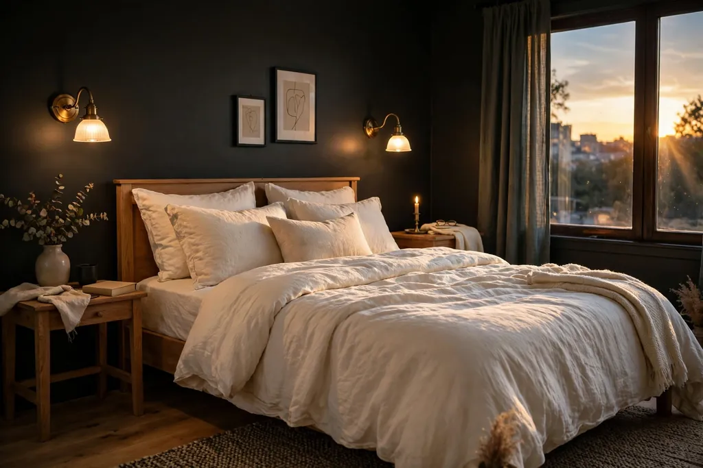 Bedroom with brass wall sconces beside a bed with cream bedding in warm evening light.
