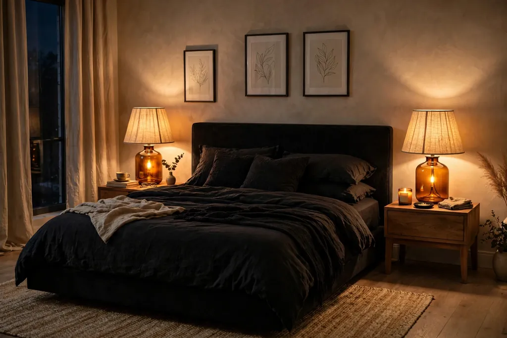 Bedroom with amber bedside lamps with linen shades beside a dark bed.