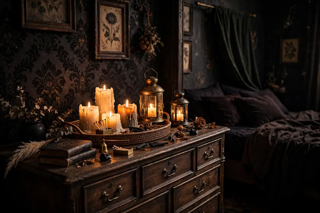 Bedroom dresser styled with grouped candles and lanterns on a tray in warm light.