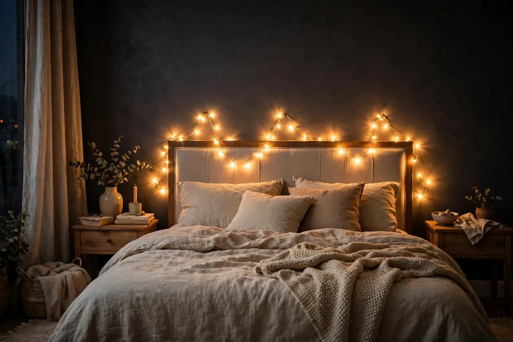 Bedroom with soft warm string lights glowing behind a headboard against a dark wall.