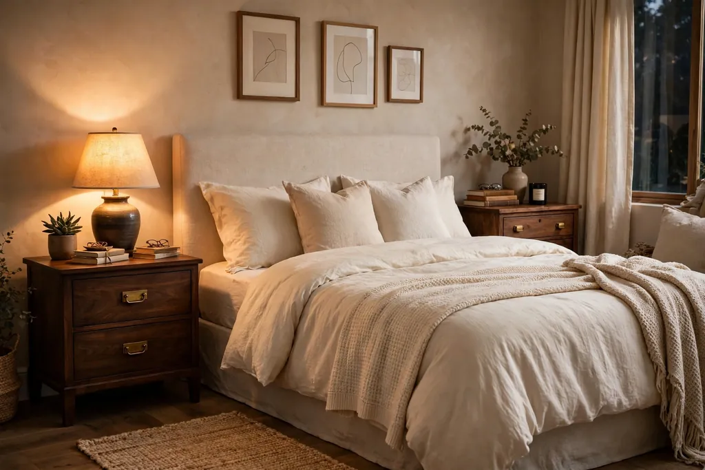 Bedroom with dark wood nightstands with brass pulls beside a bed.