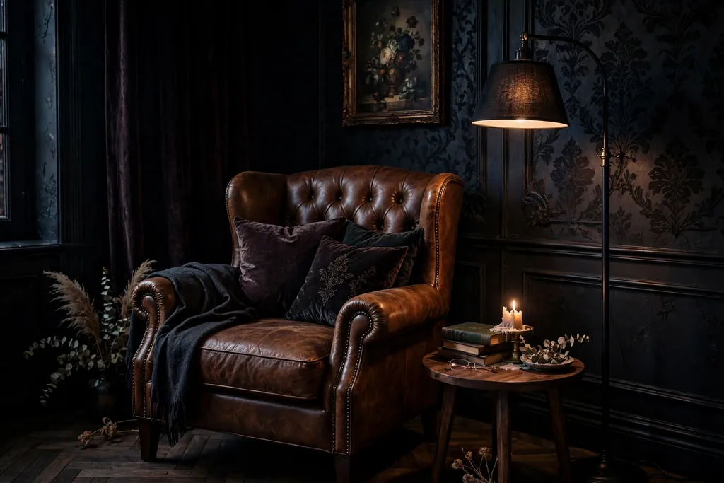Bedroom corner with a leather reading chair, small side table, and floor lamp.